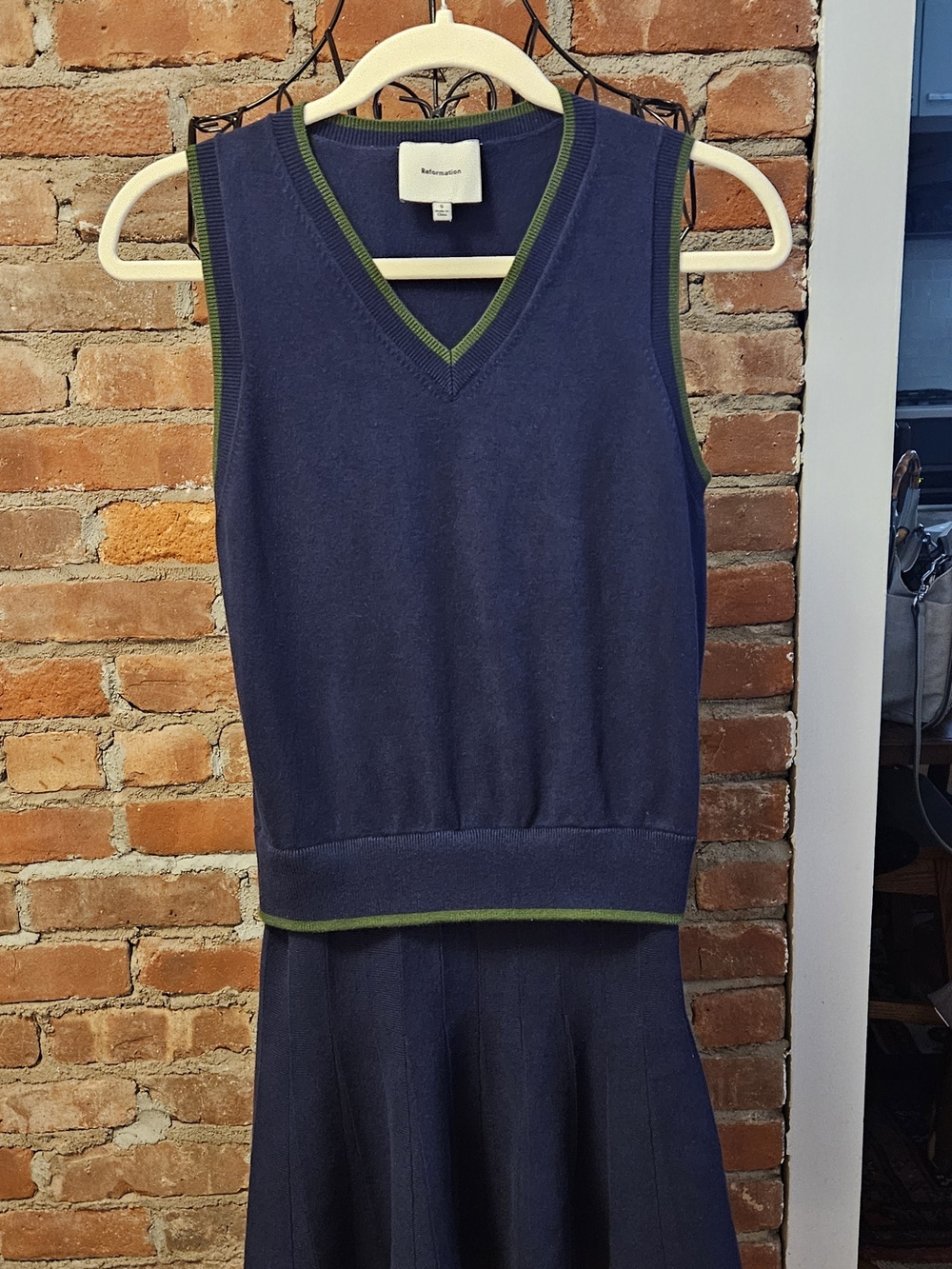 Reformation Organic Cotton Navy and Green V‑Neck Knit Dress